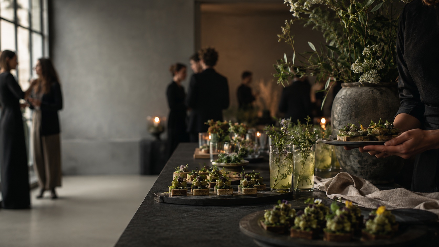 Plant-based canapés and botanical drinks arranged for an elegant Ardor Atelier event