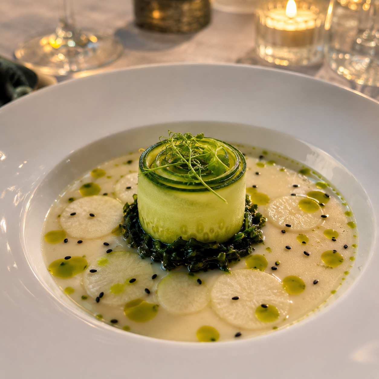 Fermented cucumber and green apple course by Ardor Atelier