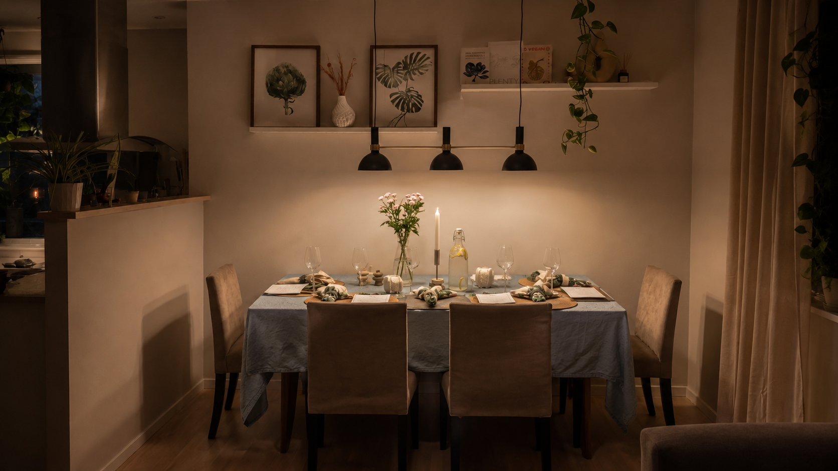 A warm Ardor Atelier dining table set for a personal plant-based gathering