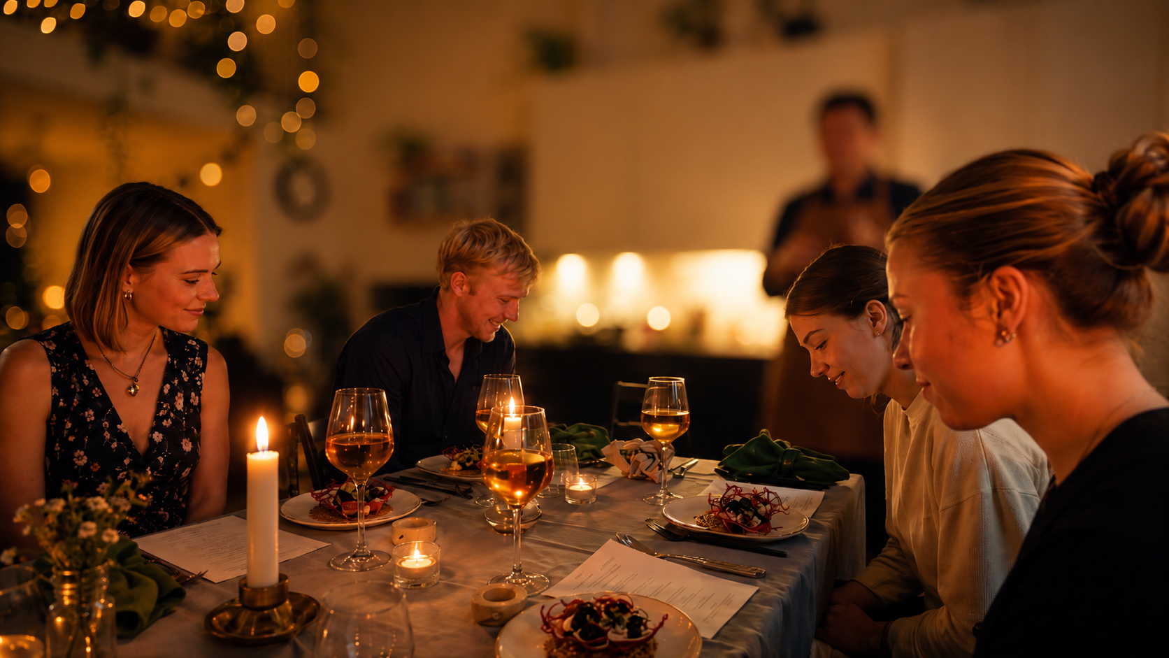 Guests gathered around a candlelit Ardor Atelier private dining table in Stockholm